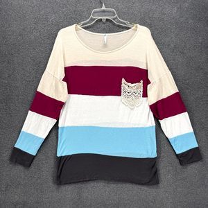 Auditions Top Womens Medium Blue white Long Sleeve‎ crochet pockets shirt